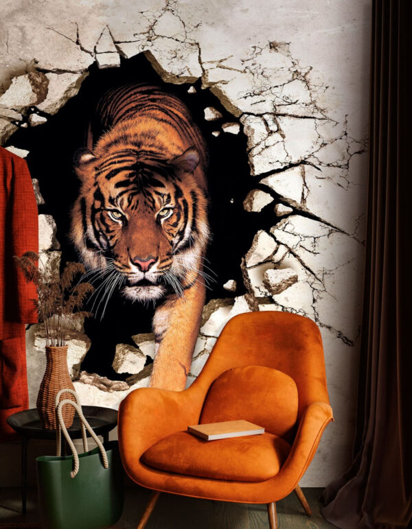 A tigris a repedezett falon keresztül bukkan elő Fotótapéta A tigris a repedezett falon keresztül bukkan elő