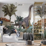 Fotótapéta Dinoszauruszok bolyonganak a buja lombok között.