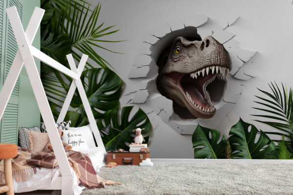 Dinoszaurusz bukkan elő a repedezett falon keresztül Fotótapéta Dinoszaurusz bukkan elő a repedezett falon keresztül
