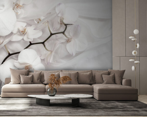 Fehér orchideák fehér szöveten Fotótapéta Fehér orchideák fehér szöveten