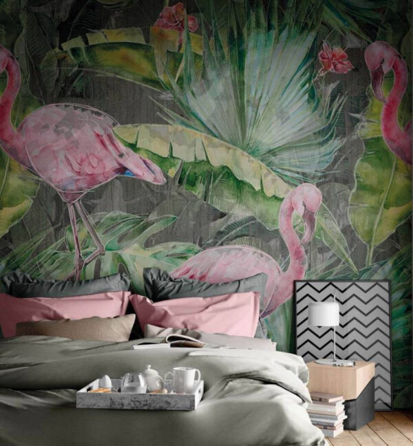Rózsaszín flamingó és zöld levelek Fotótapéta Rózsaszín flamingó és zöld levelek
