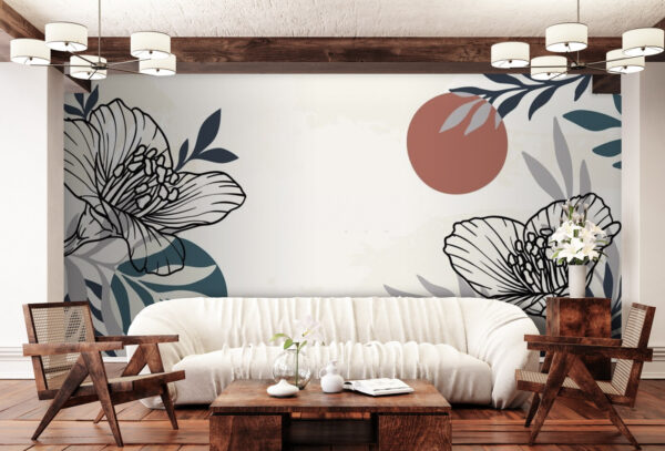 Fotótapéta Fehér háttér fekete és fehér virágokkal és levelekkel