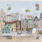 Fotótapéta Épületcsoport autókkal és repülőgépekkel