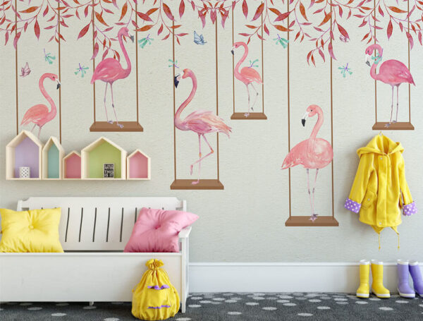 Rózsaszín flamingó piros levelekkel Fotótapéta Rózsaszín flamingó piros levelekkel