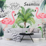 Fotótapéta Fal flamingókkal és pálmafákkal