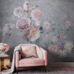 Fotótapéta Pasztellszínű virágok között ülő madarak