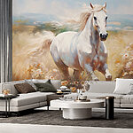 Fotótapéta Fehér ló fut egy virágmezőn keresztül