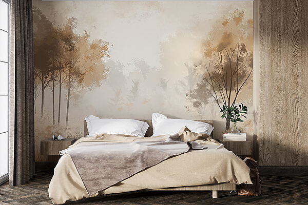 Fotótapéta Ködös erdő fákkal és fűvel