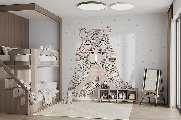 Fotótapéta Karikatúra egy medve, kezében egy buborékos tea