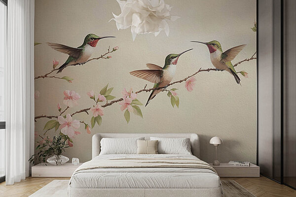 Kolibri festmény egy virágos ágon virágokkal Fotótapéta Kolibri festmény egy virágos ágon virágokkal