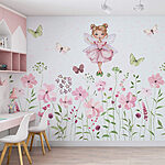 Fotótapéta Akvarell egy tündér rózsaszín ruhában, virágokkal körülvéve