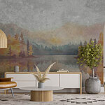 Fotótapéta Akvarell festmény egy tó fákkal és hegyekkel