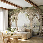 Fotótapéta Akvarell festmény egy kő boltív fákkal és egy tóval