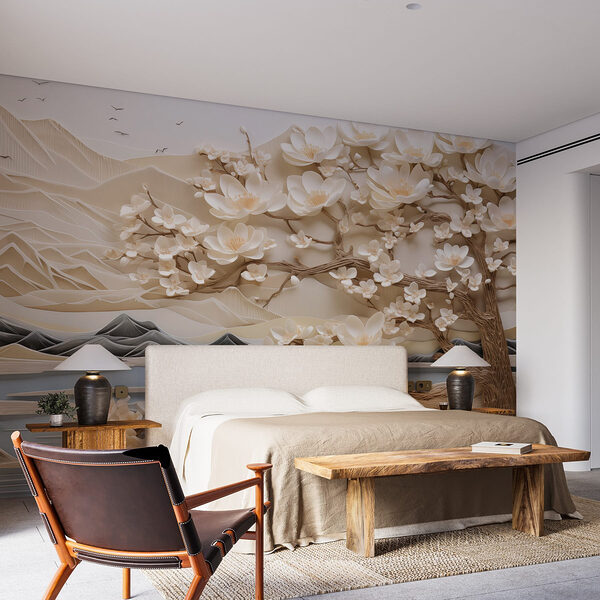 Fotótapéta Fotótapéta Fehér virágú fa és hegyek (Cikkszám: w02981)