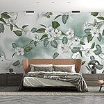 Fotótapéta Fehér virágok és zöld levelek fehér háttéren