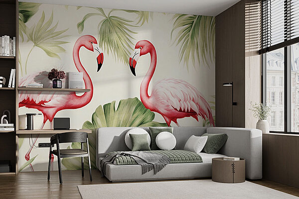 Pár rózsaszín flamingó zöld levelekkel Fotótapéta Pár rózsaszín flamingó zöld levelekkel