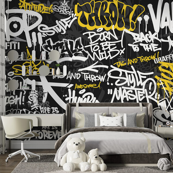 Fotótapéta Sárga graffiti fekete háttéren