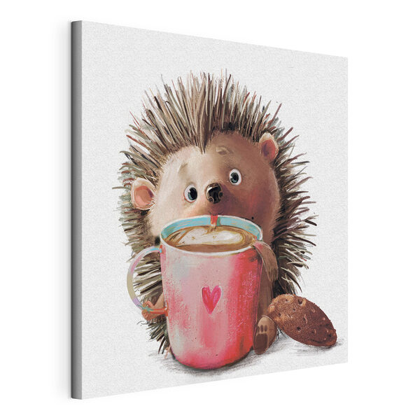 Vászonképek Vászonképek Hedgehog kávét iszik süteménnyel (Cikkszám: s35039)