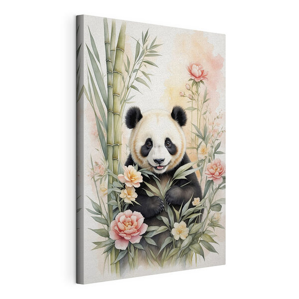 Panda virágokkal és bambusszal Vászonképek Panda virágokkal és bambusszal