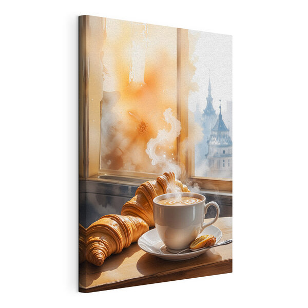 Vászonképek Egy csésze kávé és croissantok az asztalon