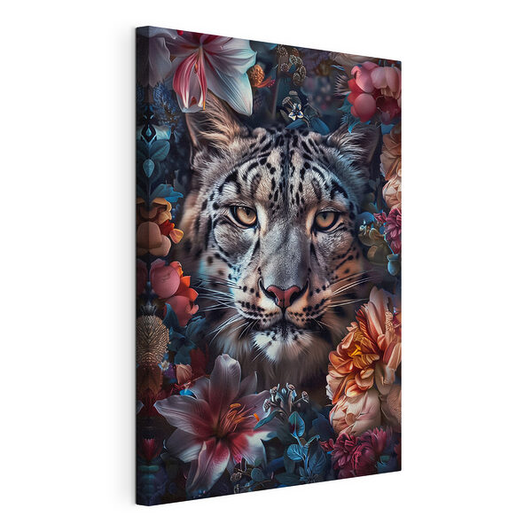 Vászonképek Fenséges leopárd, élénk színű virágok között