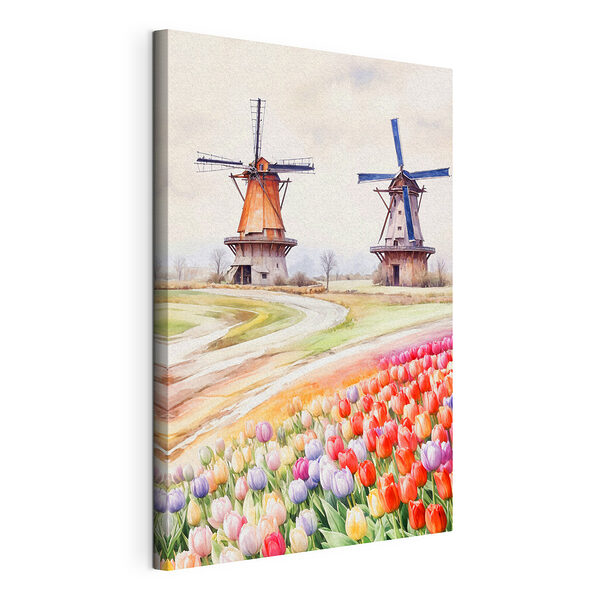 Szélmalmok egy tulipánmezőben Vászonképek Szélmalmok egy tulipánmezőben