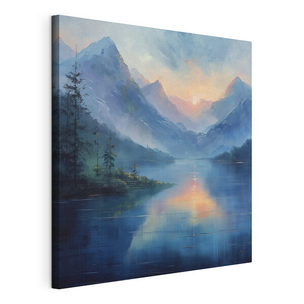Festmény, amelyen egy tó, hegyek és fák láthatók Vászonképek Festmény, amelyen egy tó, hegyek és fák láthatók
