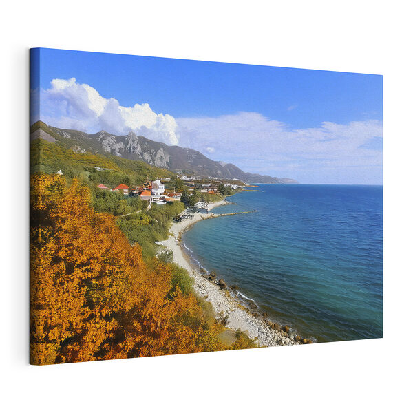 Vászonképek Strand, amelynek egyik oldalán házak és fák sorakoznak