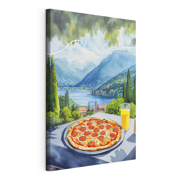 Pizza és gyümölcslé egy asztalon, hegyek és fák között Vászonképek Pizza és gyümölcslé egy asztalon, hegyek és fák között