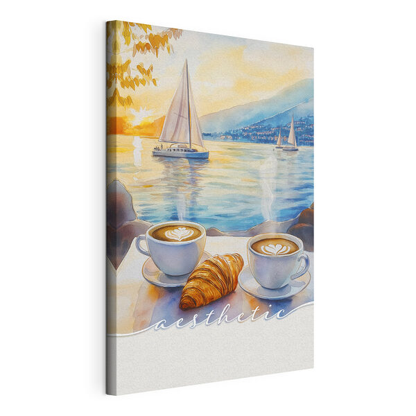 Két csésze kávé és egy croissant egy asztalon, háttérben egy vitorlással Vászonképek Két csésze kávé és egy croissant egy asztalon, háttérben egy vitorlással