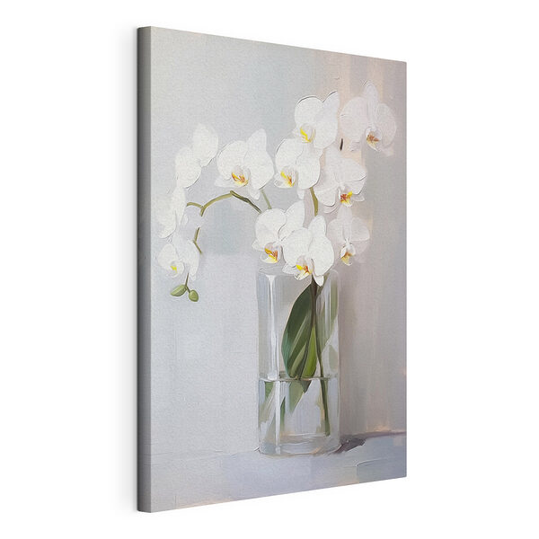 Festmény, amelyen egy fehér orchidea látható egy üvegvázában Vászonképek Festmény, amelyen egy fehér orchidea látható egy üvegvázában