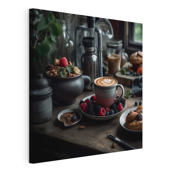 Egy csésze kávé latte art-tal, gyümölcsökkel és müzlivel tálalva Vászonképek Egy csésze kávé latte art-tal, gyümölcsökkel és müzlivel tálalva