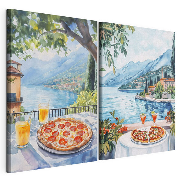 Moduláris vászonnyomat Akvarellfestmény, amelyen egy asztal látható pizzákkal és italokkal