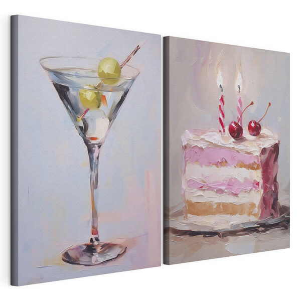 Egy torta és egy gyümölcsökkel díszített martini-pohár ábrázolása Moduláris vászonnyomat Egy torta és egy gyümölcsökkel díszített martini-pohár ábrázolása