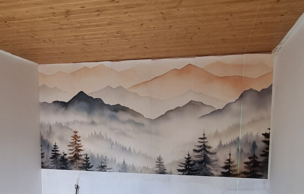 Fotótapéta Hegyi táj fákkal és köddel